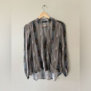 APNY Watercolor Sheer Crossover Tassel Long Sleeve Blouse Top Size S